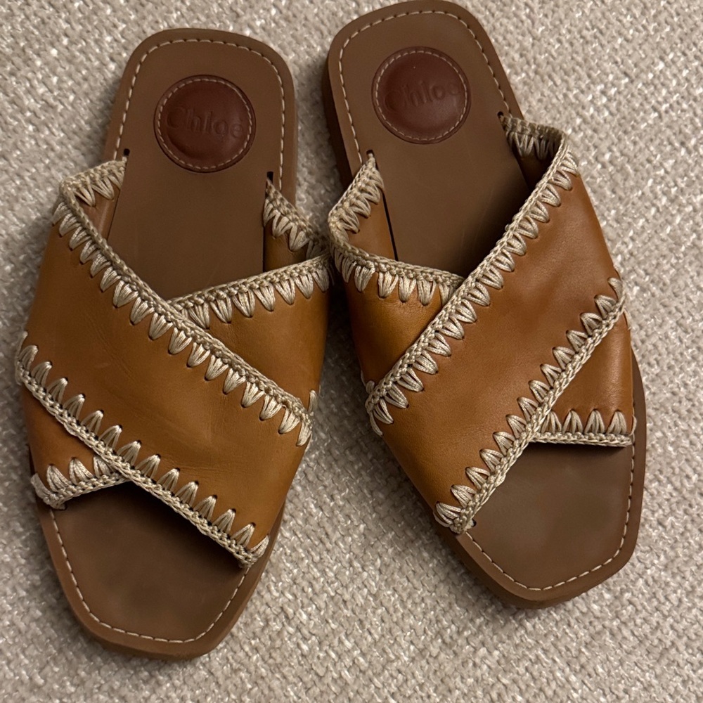 CHLOE Brown Leather Slide Sandals with stitching